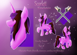 Size: 1920x1358 | Tagged: safe, artist:dumbprincess, oc, pony, unicorn, attack on titan, bust, cutie mark, galaxy eyes, legwear, pink background, reference sheet, simple background, starry sky, stars, sword, two toned mane, two toned tail, weapon