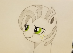 Size: 2371x1734 | Tagged: safe, artist:polar_storm, babs seed, earth pony, pony, g4, female, freckles, green eyes, mare, monochrome, partial color, simple background, smiling, solo, traditional art, white background