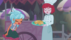 Size: 1916x1080 | Tagged: safe, screencap, frosty orange, puffed pastry, equestria girls, equestria girls series, g4, sunset's backstage pass!, spoiler:eqg series (season 2), background human, chef, chef's hat, churros, duo, duo female, eyes closed, female, food, food cart, hat, outdoors, plate, puffed pastry's churro stand