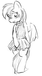 Size: 576x1033 | Tagged: safe, artist:seidouryu, rainbow dash, pegasus, semi-anthro, 2 4 6 greaaat, g4, arm hooves, bipedal, blushing, cheerleader outfit, clothes, cute, dashabetes, embarrassed, female, rainbow dash always dresses in style, simple background, sketch, solo, white background