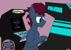 Size: 2521x1793 | Tagged: safe, artist:sythenmcswig, oc, oc only, oc:punch sideiron, pony, arcade cabinet, galaga, hooves, male, polybius, solo, stallion, this will end in death