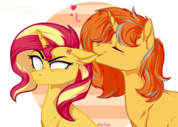 Size: 3356x2392 | Tagged: safe, artist:riyatyan, artist:sparkling_light, sunset shimmer, oc, oc:cinderheart, pony, unicorn, g4, abstract background, annoyed, base used, biting, canon x oc, commission, cross-popping veins, duo, ear bite, female, high res, mare, this will not end well, ych result