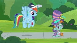 Size: 1920x1080 | Tagged: safe, screencap, rainbow dash, snips, pony, 2 4 6 greaaat, g4, cap, clothes, coach rainbow dash, hat, shirt