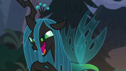 Size: 1920x1080 | Tagged: safe, screencap, queen chrysalis, changeling, changeling queen, frenemies (episode), g4, fangs, female, forest, mawshot, open mouth, solo, uvula