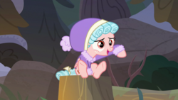 Size: 1920x1080 | Tagged: safe, screencap, cozy glow, pegasus, pony, frenemies (episode), g4, clothes, female, filly, foal, forest, hat, solo, tree stump, winter outfit