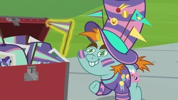 Size: 1920x1080 | Tagged: safe, screencap, snips, pony, 2 4 6 greaaat, g4, dollar sign eyes, flag, hat, magic, male, solo, wingding eyes