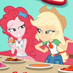 Size: 463x463 | Tagged: safe, applejack, pinkie pie, equestria girls, g4, my little pony equestria girls: choose your own ending, tip toppings, tip toppings: applejack, applejack's hat, candy, clothes, cowboy hat, denim skirt, duo, duo female, female, food, froyo, frozen yogurt, fruit, geode of sugar bombs, geode of super strength, hat, icon, magical geodes, skirt, tank top, toppings