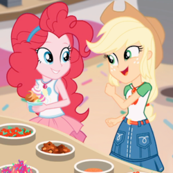 Size: 324x324 | Tagged: safe, screencap, applejack, pinkie pie, equestria girls, g4, my little pony equestria girls: choose your own ending, tip toppings, tip toppings: applejack, applejack's hat, clothes, cowboy hat, cute, denim skirt, duo, duo female, female, froyo, frozen yogurt, geode of sugar bombs, geode of super strength, hat, icon, magical geodes, skirt, tank top