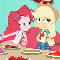 Size: 485x485 | Tagged: safe, screencap, applejack, pinkie pie, equestria girls, g4, my little pony equestria girls: better together, tip toppings, tip toppings: applejack, applejack's hat, clothes, cowboy hat, denim skirt, geode of sugar bombs, geode of super strength, hat, magical geodes, skirt, smiling, tank top