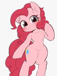 Size: 768x1024 | Tagged: safe, artist:manachaaaaaaaa, pinkie pie, earth pony, semi-anthro, g4, arm hooves, barbie doll anatomy, belly button, bipedal, blushing, breasts, featureless breasts, female, looking at you, mare, simple background, smiling, solo, white background
