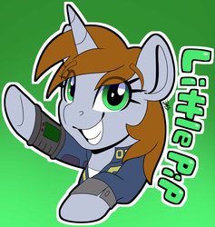 Size: 1944x2048 | Tagged: safe, artist:partypievt, oc, oc only, oc:littlepip, pony, unicorn, fallout equestria, clothes, eye clipping through hair, fanfic, fanfic art, female, gradient background, grin, hooves, horn, jumpsuit, looking at you, mare, pipboy, pipbuck, smiling, solo, vault suit