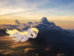 Size: 7280x5460 | Tagged: safe, artist:potato22, derpy hooves, pony, g4, cloud, irl, photo, ponies in real life, solo, sunset, wallpaper