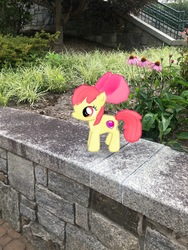 Size: 3024x4032 | Tagged: safe, gameloft, photographer:undeadponysoldier, apple bloom, earth pony, pony, g4, appalachian state university, augmented reality, bow, college, female, filly, flower, irl, photo, ponies in real life, solo