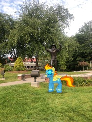 Size: 3024x4032 | Tagged: safe, gameloft, photographer:undeadponysoldier, spitfire, pegasus, pony, g4, appalachian state university, augmented reality, clothes, college, female, goggles, irl, mare, mascot, photo, ponies in real life, spotlight, statue, uniform, wonderbolts uniform, yosef