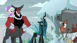 Size: 1280x720 | Tagged: safe, screencap, cozy glow, lord tirek, queen chrysalis, rusty bucket, centaur, changeling, changeling queen, earth pony, pegasus, pony, frenemies (episode), g4, clothes, female, filly, foal, hand on hip, hat, male, nose piercing, nose ring, piercing, septum piercing, snow, stallion, winter outfit