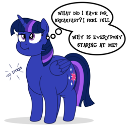Size: 4688x4688 | Tagged: safe, artist:worstsousaphonehorse, twilight sparkle, alicorn, pony, series:blueberry festival drive, g4, :t, absurd resolution, belly, big belly, blueberry inflation, confused, fat, female, incentive drive, inflation, note expansion, puffy cheeks, simple background, solo, thought bubble, twiberry sparkle, twilard sparkle, twilight sparkle (alicorn), white background