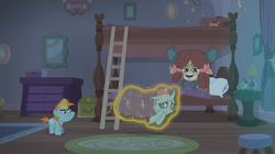 Size: 1366x766 | Tagged: safe, screencap, ocellus, snips, yona, changedling, changeling, pony, unicorn, yak, 2 4 6 greaaat, g4, bed, blanket burrito, bunk bed, carpet, chest, clock, colt, curtains, dark, dormitory, drawer, female, ladder, lamp, levitation, magic, male, mirror, picture frame, pillow, rug, sleepy, stool, telekinesis, trio, whistle