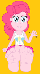 Size: 482x880 | Tagged: safe, anonymous artist, pinkie pie, equestria girls, equestria girls series, g4, barefoot, breasts, clothes, feet, female, fetish, foot fetish, foot focus, sitting, skirt, smiling, soles, tank top, toes, waving, wiggling toes