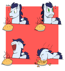 Size: 1208x1328 | Tagged: safe, artist:mister246, soarin', pegasus, pony, g4, food, male, messy eating, pie, stallion, sweat, that pony sure does love pies