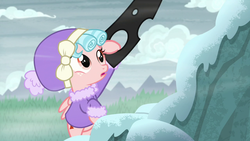 Size: 1280x720 | Tagged: safe, screencap, cozy glow, queen chrysalis, changeling, changeling queen, pegasus, pony, frenemies (episode), g4, cheeselegs, clothes, female, filly, foal, hat, snow, winter outfit