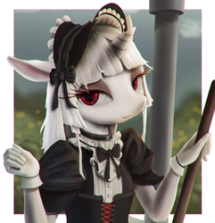 Size: 1997x2069 | Tagged: safe, artist:starkdust, oc, oc only, unicorn, anthro, anthro oc, clothes, crossdressing, gloves, looking at you, maid, male, solo, stallion, trap