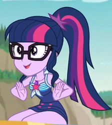 Size: 544x608 | Tagged: safe, screencap, sci-twi, twilight sparkle, equestria girls, equestria girls series, friendship math, g4, clothes, cropped, female, geode of telekinesis, glasses, magical geodes, ponytail, sci-twi swimsuit, sleeveless, solo, swimsuit, thighs