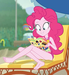 Size: 484x524 | Tagged: safe, screencap, feather bangs, pinkie pie, equestria girls, equestria girls series, friendship math, g4, barefoot, clothes, feet, legs, pinkie pie swimsuit, sleeveless, swimsuit