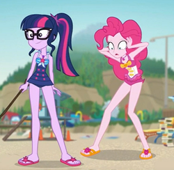 Size: 592x578 | Tagged: safe, screencap, pinkie pie, sci-twi, twilight sparkle, equestria girls, friendship math, g4, my little pony equestria girls: better together, clothes, duo, duo female, feet, female, geode of sugar bombs, geode of telekinesis, magical geodes, out of context, pinkie pie swimsuit, sandals, sci-twi swimsuit, sleeveless, swimsuit