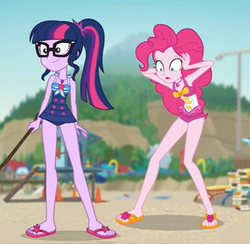 Size: 592x578 | Tagged: safe, screencap, pinkie pie, sci-twi, twilight sparkle, equestria girls, friendship math, g4, my little pony equestria girls: better together, clothes, duo, duo female, feet, female, geode of sugar bombs, geode of telekinesis, glasses, magical geodes, one-piece swimsuit, out of context, pinkie pie swimsuit, ponytail, sandals, sci-twi swimsuit, sleeveless, swimsuit