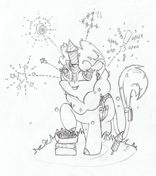 Size: 3936x4427 | Tagged: safe, artist:foxtrot3, oc, oc only, oc:party favor, kirin, 4th of july, fireworks, holiday, kirin oc, pencil drawing, smiling, solo, traditional art
