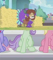 Size: 1362x1534 | Tagged: safe, edit, edited screencap, screencap, lily, lily valley, rainbowshine, sunshower raindrops, violet twirl, yona, pony, yak, 2 4 6 greaaat, g4, bleachers, cheerleader, cheerleader outfit, cheerleader yona, clothes, cloven hooves, comic, crowd, female, fence, friendship student, hay, hay bale, monkey swings, pleated skirt, pom pom, screencap comic, skirt, stomping