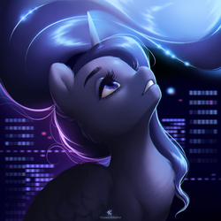 Size: 2126x2126 | Tagged: safe, artist:katputze, princess luna, alicorn, pony, g4, city, female, high res, looking up, mare, night, solo