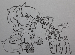 Size: 2281x1660 | Tagged: safe, artist:drheartdoodles, oc, oc only, oc:dr.heart, oc:niki rage, clydesdale, pegasus, pony, unicorn, bottle, size difference, spray, traditional art