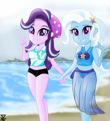 Size: 1990x2180 | Tagged: safe, artist:theretroart88, starlight glimmer, trixie, human, equestria girls, equestria girls series, forgotten friendship, g4, adorasexy, beach, beanie, beanie hat, belly button, breasts, clothes, cute, duo, female, hat, holding hands, lesbian, sarong, sexy, ship:startrix, shipping, show accurate, smiling, swimsuit