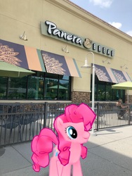 Size: 3024x4032 | Tagged: safe, gameloft, photographer:undeadponysoldier, pinkie pie, earth pony, human, pony, g4, augmented reality, building, female, irl, irl human, lamppost, mall, mare, panera bread, photo, ponies in real life, restaurant, umbrella