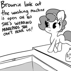 Size: 1152x1152 | Tagged: safe, artist:tjpones, oc, oc only, oc:brownie bun, earth pony, pony, horse wife, airpods, black and white, dialogue, female, grayscale, mare, meme, monochrome, oblivious, ponified meme, squidward the truck's coming, this will not end well, washing machine