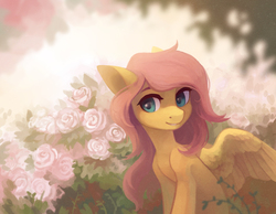 Size: 2000x1555 | Tagged: safe, artist:koviry, fluttershy, pegasus, pony, g4, bust, cute, female, flower, mare, shyabetes, smiling, solo, spread wings, three quarter view, turned head, wings