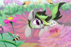 Size: 1500x1000 | Tagged: safe, artist:sketchiix3, oc, oc only, oc:elli, bee, earth pony, pony, female, flower, gift art, lying down, mare, solo