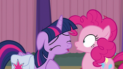 Size: 1920x1080 | Tagged: safe, screencap, pinkie pie, twilight sparkle, alicorn, earth pony, pony, a trivial pursuit, g4, eyes closed, female, floppy ears, mare, saddle bag, twilight sparkle (alicorn)