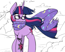Size: 1422x1137 | Tagged: safe, artist:reiduran, twilight sparkle, pony, unicorn, g4, accessory swap, clothes, female, glasses, implied trixie, jewelry, looking back, mare, necklace, scarf, solo