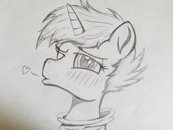 Size: 2016x1512 | Tagged: safe, artist:straighttothepointstudio, oc, oc only, oc:snowy blue, pony, unicorn, black and white, blowing a kiss, blushing, clothes, grayscale, heart, hoodie, male, monochrome, one eye closed, solo, stallion, traditional art, trap, wink