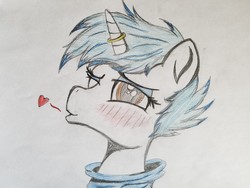 Size: 2016x1512 | Tagged: safe, alternate version, artist:straighttothepointstudio, oc, oc only, oc:snowy blue, pony, unicorn, blowing a kiss, blushing, clothes, colored, heart, hoodie, horn, horn ring, male, married, one eye closed, ring, solo, stallion, traditional art, trap, wink