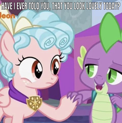 Size: 638x641 | Tagged: safe, edit, edited screencap, editor:undeadponysoldier, screencap, cozy glow, spike, dragon, pony, g4, school raze, backpack, caption, compliment, cozybetes, cute, female, filly, holding hands, image macro, looking at each other, male, meme, nickelodeon, open mouth, ship:cozyspike, shipping, straight, text, winged spike, wings
