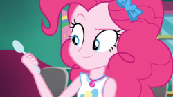 Size: 1920x1080 | Tagged: safe, screencap, pinkie pie, equestria girls, g4, my little pony equestria girls: choose your own ending, tip toppings, clothes, female, geode of sugar bombs, magical geodes, solo, spoon, tank top
