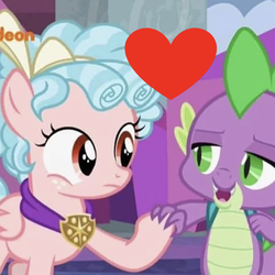 Size: 641x641 | Tagged: safe, edit, edited screencap, editor:undeadponysoldier, screencap, cozy glow, spike, dragon, pegasus, pony, g4, school raze, backpack, cozybetes, cute, female, filly, heart, holding hands, looking at each other, male, nickelodeon, open mouth, ship:cozyspike, shipping, shipping domino, straight, winged spike, wings