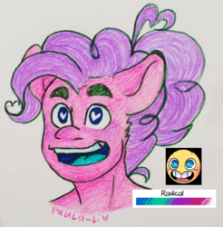 Size: 1179x1200 | Tagged: safe, artist:paula-li, pinkie pie, earth pony, anthro, g4, ahoge, color palette challenge, expression, heart eyes, limited palette, smiling, wingding eyes