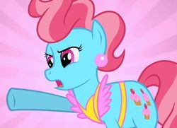 Size: 479x346 | Tagged: safe, screencap, cup cake, earth pony, pony, g4, apron, clothes, ear piercing, earring, female, jewelry, mare, open mouth, piercing, pointing, solo, sunburst background