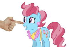 Size: 695x458 | Tagged: safe, editor:undeadponysoldier, cup cake, earth pony, human, pony, g4, adorable face, apron, boop, clothes, cute, cute cake, ear piercing, earring, female, female focus, hand, happy, jewelry, mare, piercing, simple background, solo focus, white background