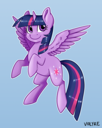 Size: 1280x1600 | Tagged: safe, artist:violyre, artist:violyreart, twilight sparkle, alicorn, pony, g4, colored, female, looking at you, mare, outline, simple background, smiling, solo, spread wings, three quarter view, twilight day, twilight sparkle (alicorn), white outline, wings