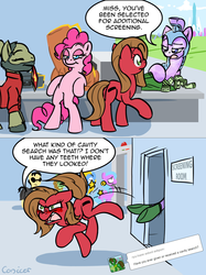 Size: 1200x1602 | Tagged: safe, artist:conicer, pinkie pie, oc, oc:pun, crystal pony, earth pony, pony, ask pun, g4, airport security, ask, bipedal, bipedal leaning, butt, cavity search, crystal empire, female, implied hoofing, jorji costava, leaning, literal butthurt, mare, neo, papers please, party cannon, plot, ponified, royal guard, security, the matrix, tumblr